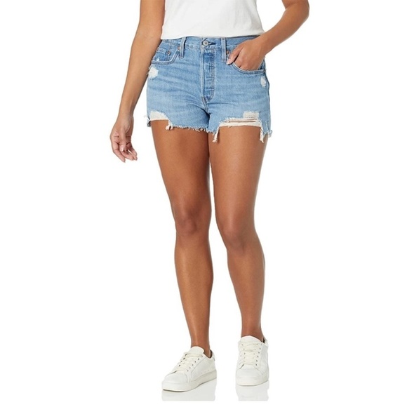 Levi’s 501 Button Fly High Rise Distressed Jean Shorts Sz 30 - Picture 1 of 11